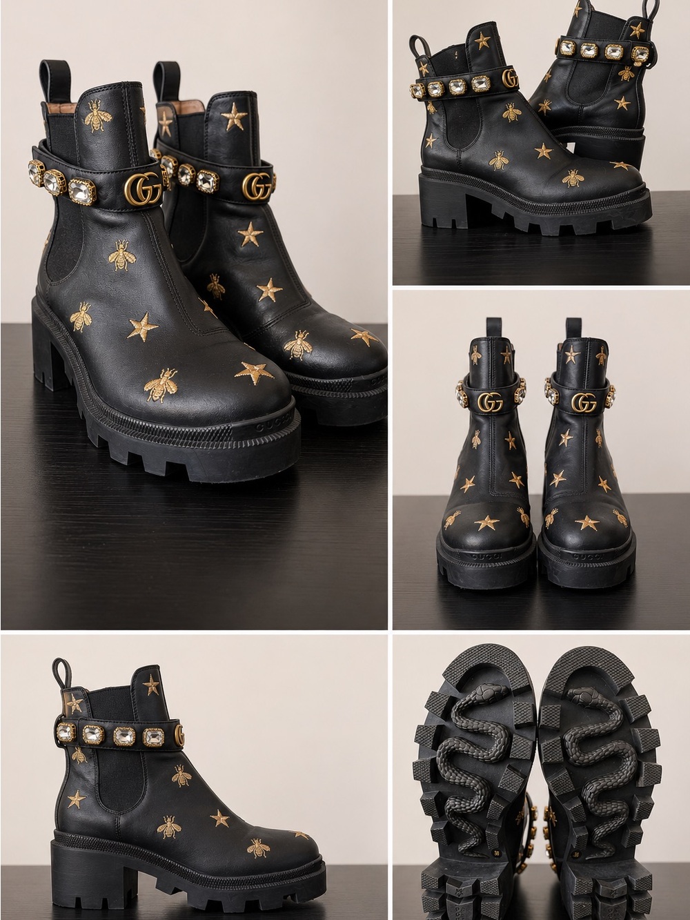 Gucci Black Leather Ankle Boots with Gold Star & Bee Embroidery